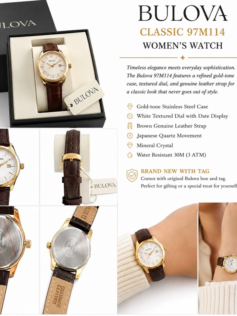 Bulova Gold-Tone Women's Watch with White Dial and Brown Leather Strap